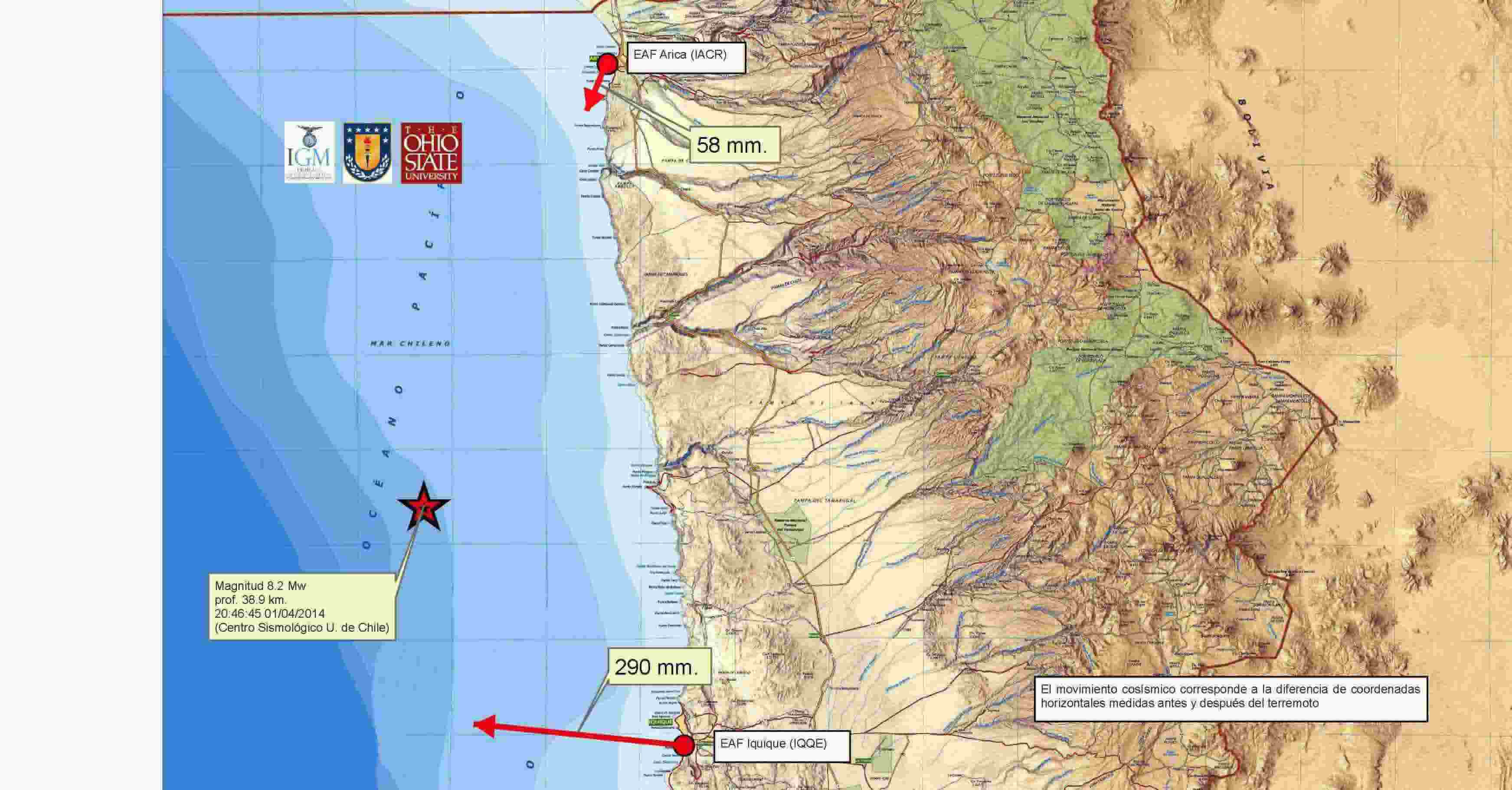 IGM CALCULA VECTOR PRELIMINAR MOVIMIENTO COSÌSMICO EN ESTACIONES GNSS DE ARICA E IQUIQUE